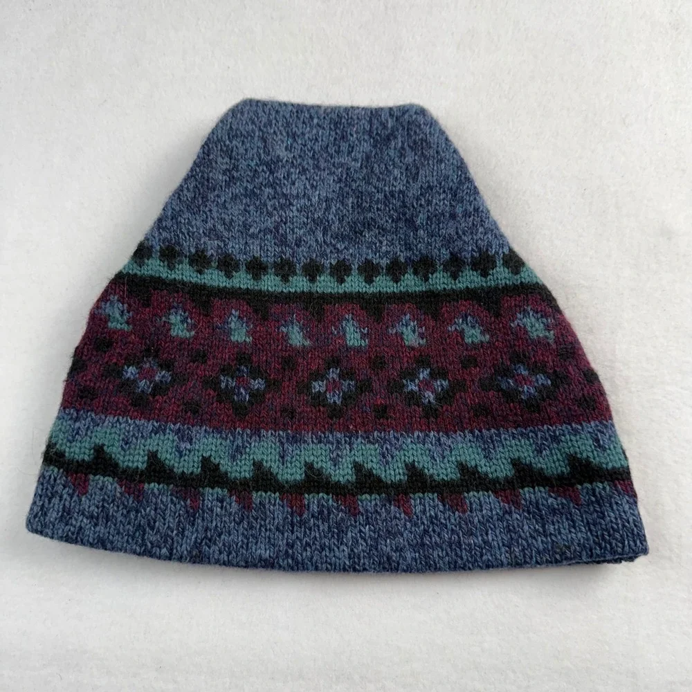 Vintage‎ Wool Fair Isle Beanie Blue Burgundy Geometric Knit Hat Made in USA